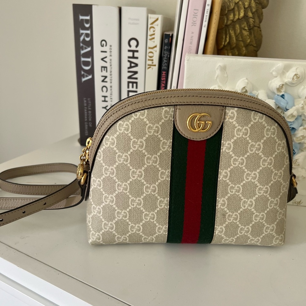 Gucci Cream and Green Ophidia Small Crossbody Bag with Signature Stripe